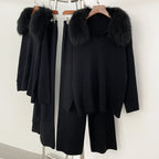 OFTBUY Knitted Pant Set Female Fashion Warm Real Fox Fur Sweater Lady New Autumn Winter Plus Size Woman Clothes Outfits Knitwear