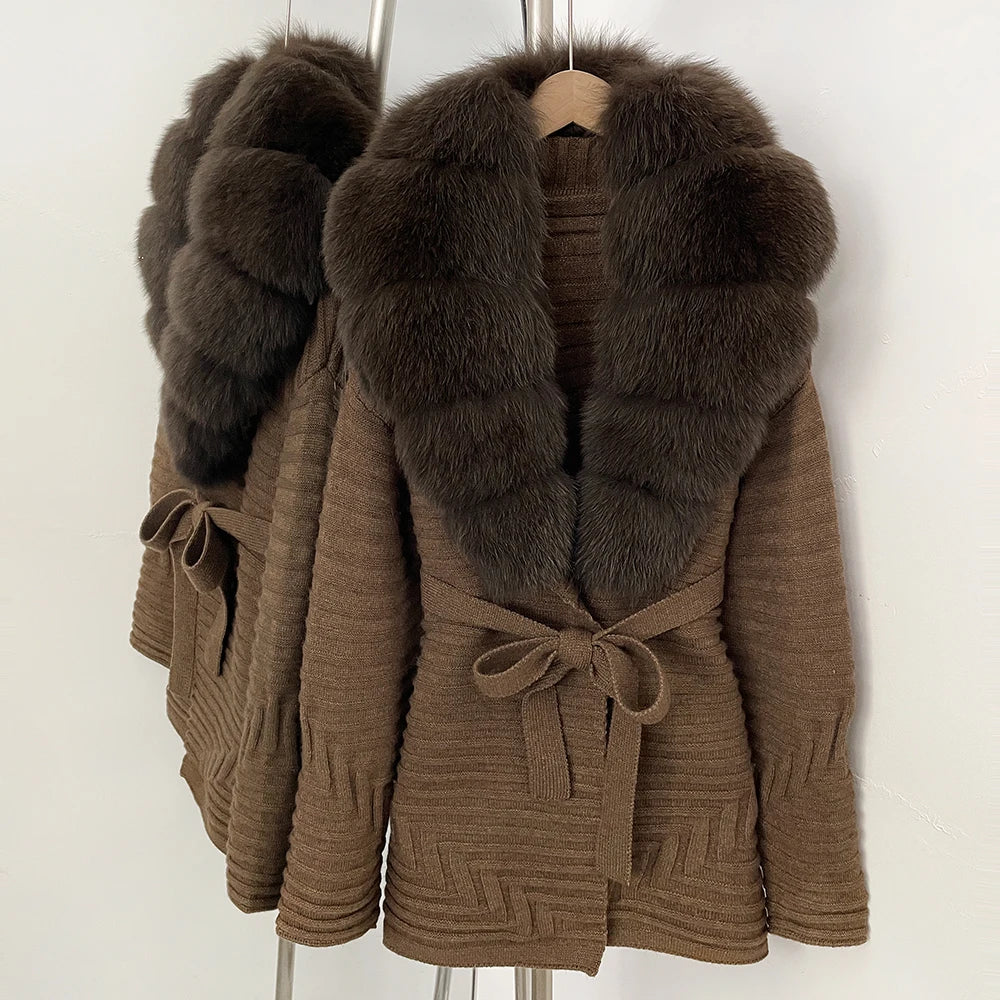 OFTBUY New Women's Knit Coat with Large Real Fox Fur Collar Belted Waist Striped Texture Pockets Winter Luxury Elegant Outerwear