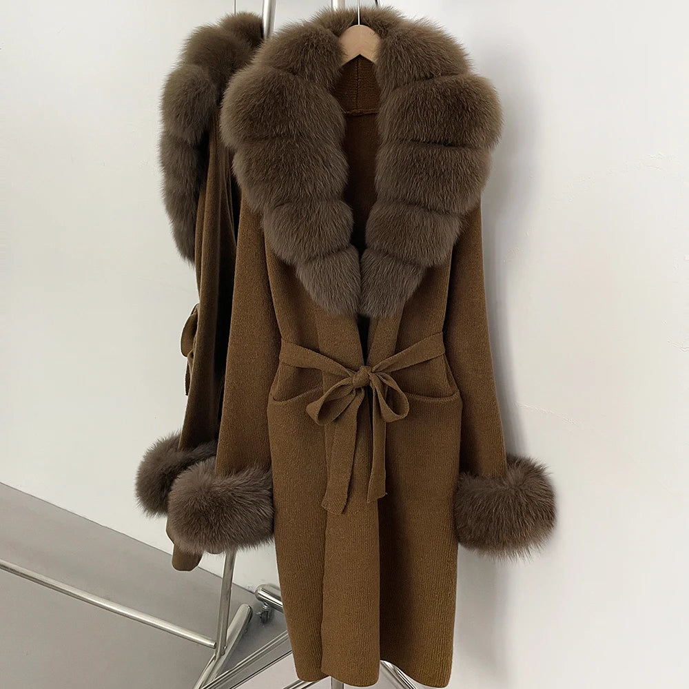 OFTBUY New Cardigan Autumn Winter Long Knit Clothing Women Loose Warm Belt Sweater Jacket with Real Fox Fur Collar and Cuffs