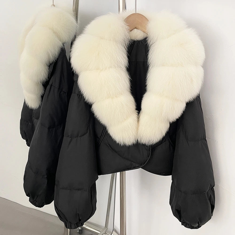 OFTBUY New Winter Real Fox Fur Short Puffer Jackets Women Natural Thick Warm 90% White Duck Down Cropped Loose Waterproof Coat