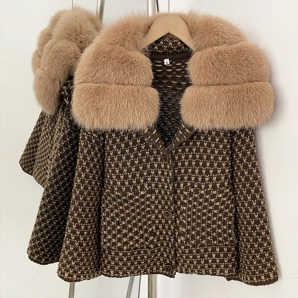 OFTBUY Women's Real Fox Raccoon Fur Collar Houndstooth Knit Cardigan Warm Winter Sweater Coat Female Luxury Elegant Outerwear