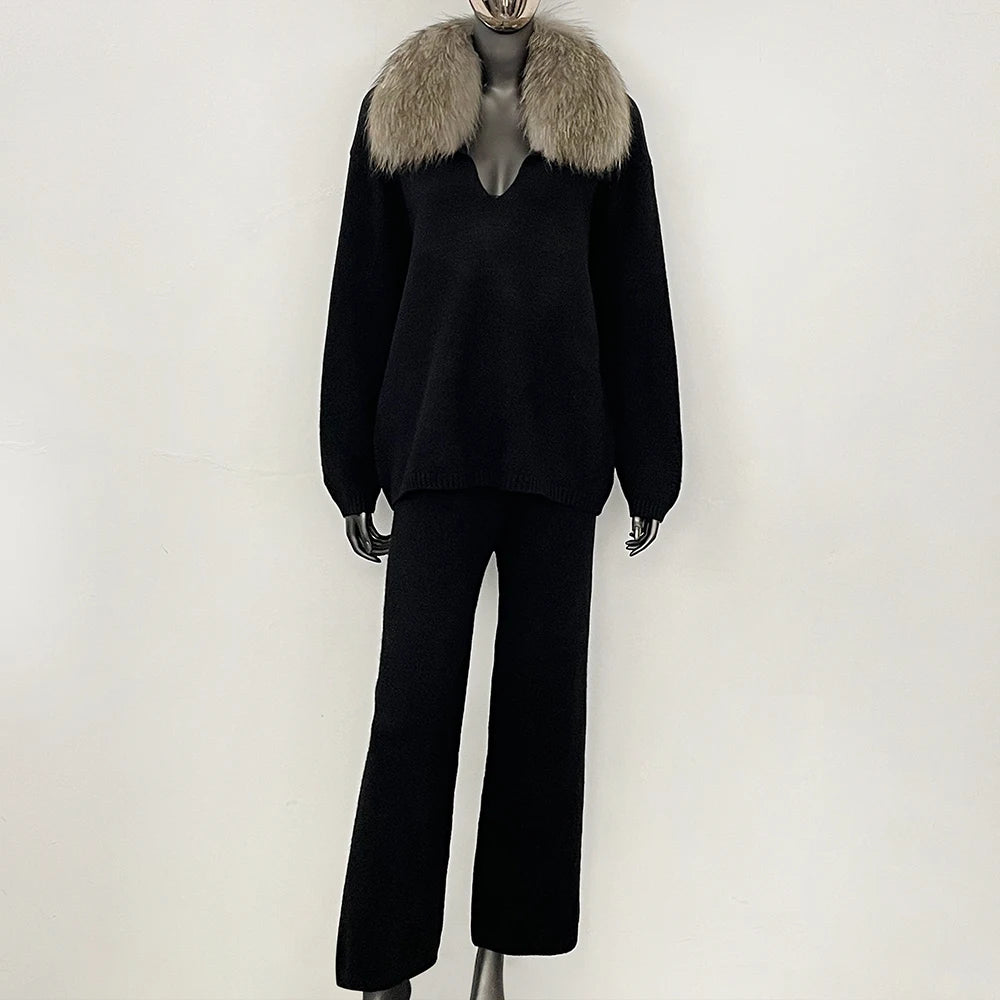 OFTBUY New Women's Knit Two Piece Set with Real Fox Fur Collar Loose Pants Warm Winter Elegant Casual Outfit Sweater Female