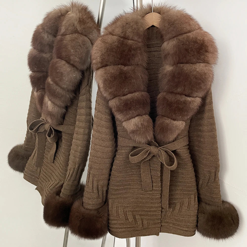 OFTBUY Belted Waist Striped Texture Pockets New Women's Knit Coat with Large Real Fox Fur Collar Winter Luxury Elegant Outerwear