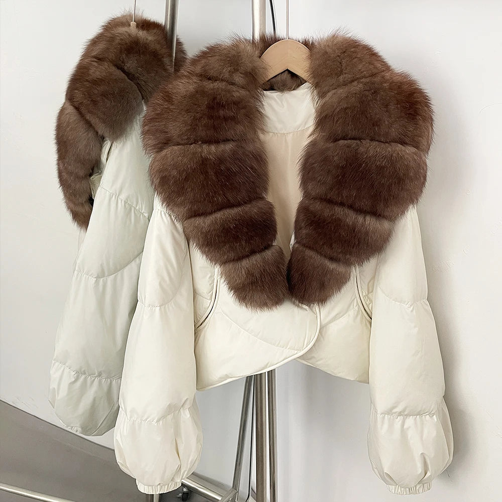 OFTBUY New Winter Real Fox Fur Short Puffer Jackets Women Natural Thick Warm 90% White Duck Down Cropped Loose Waterproof Coat