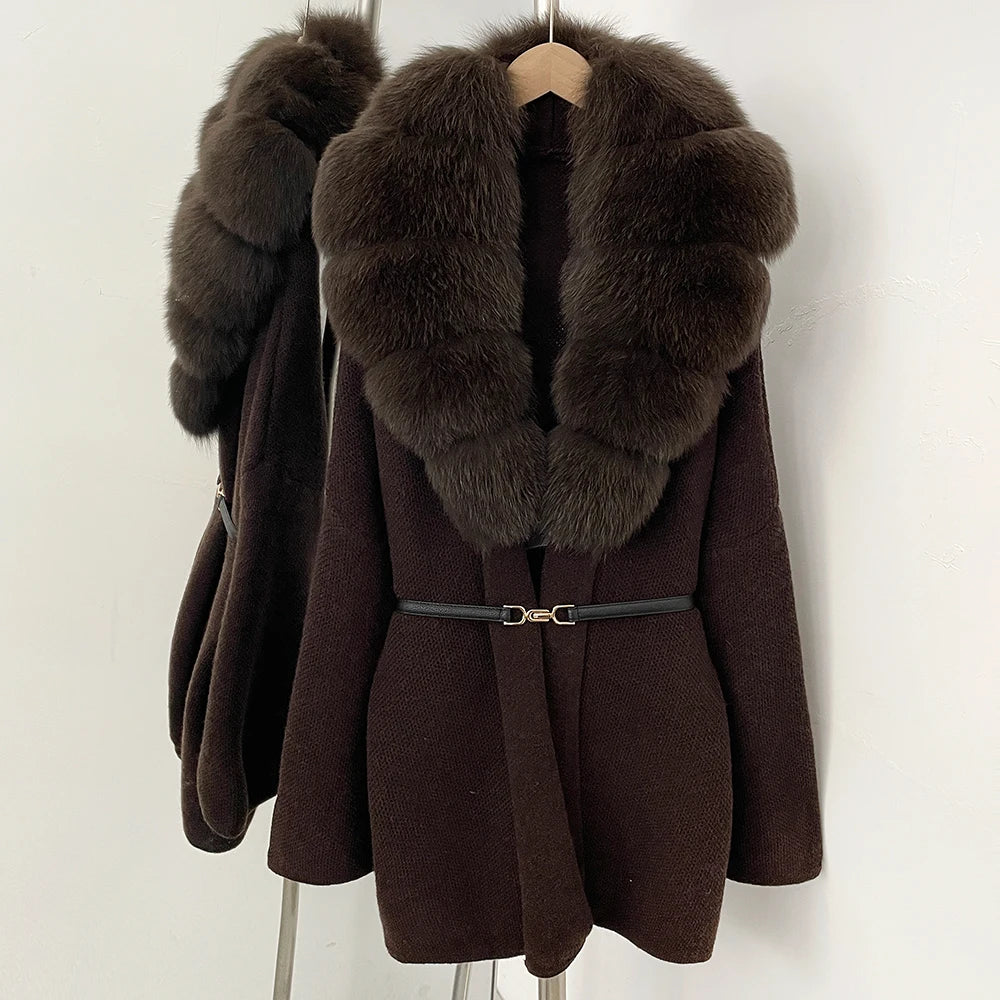 OFTBUY New Autumn Winter Luxury Fashion Outerwear Lady Women's Knit Coat with Large Real Fox Fur Collar Belt Textured Knit Warm