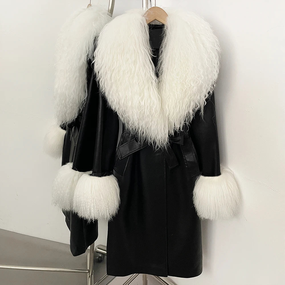 OFTBUY New Autumn Winter Clothes Women Luxury Real Mongolia Sheep Fur Jacket Femlae Long Vintage Faux Leather Streetwear Coat