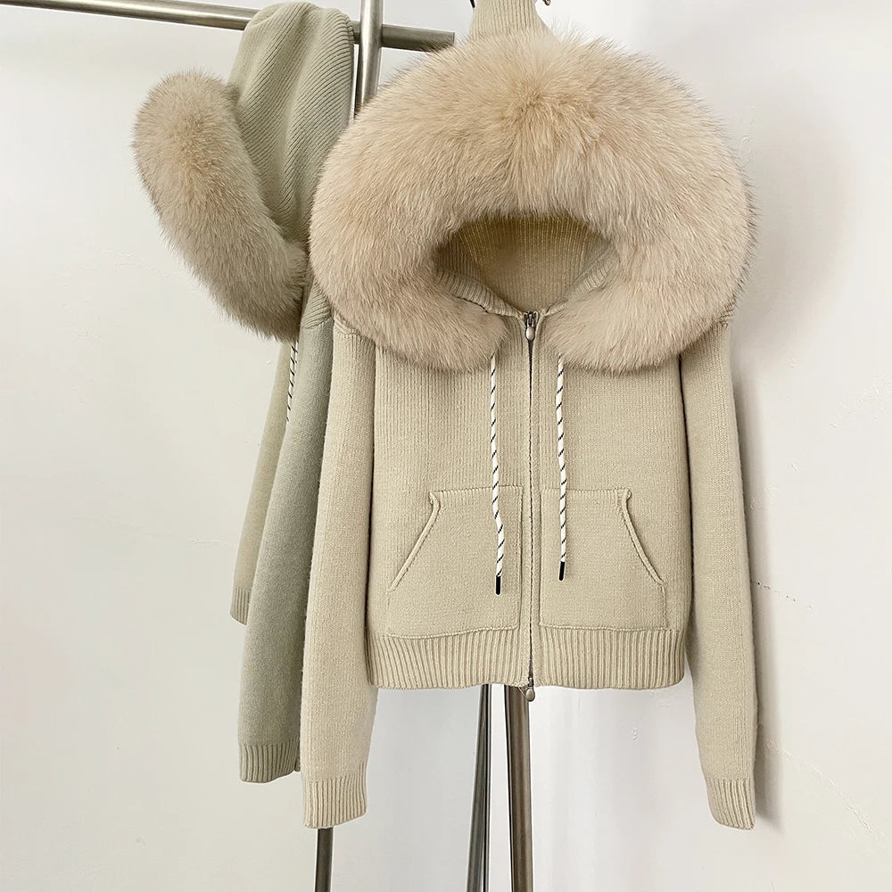 OFTBUY New Women's Beige Knit Hoodie with Large Real Fox Fur Trim Zipper Pockets Warm Winter Fashion Casual Outerwear Lady