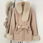 OFTBUY New Women's Wool Coat with Real Fox Fur Collar Cuffs Belted Bow Pockets Warm Winter Elegant Fashion Outerwear Female