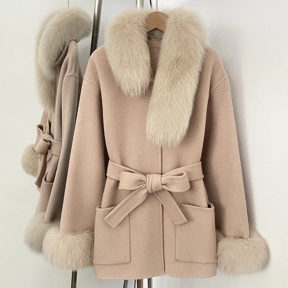 OFTBUY New Women's Wool Coat with Real Fox Fur Collar Cuffs Belted Bow Pockets Warm Winter Elegant Fashion Outerwear Female