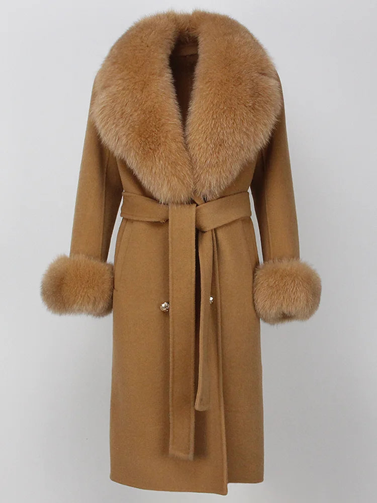 OFTBUY Winter Jacket Women Long Natural Wool Blends Cashmere Real Fur Coat Double Breasted Belt Warm Streetwear New Fashion