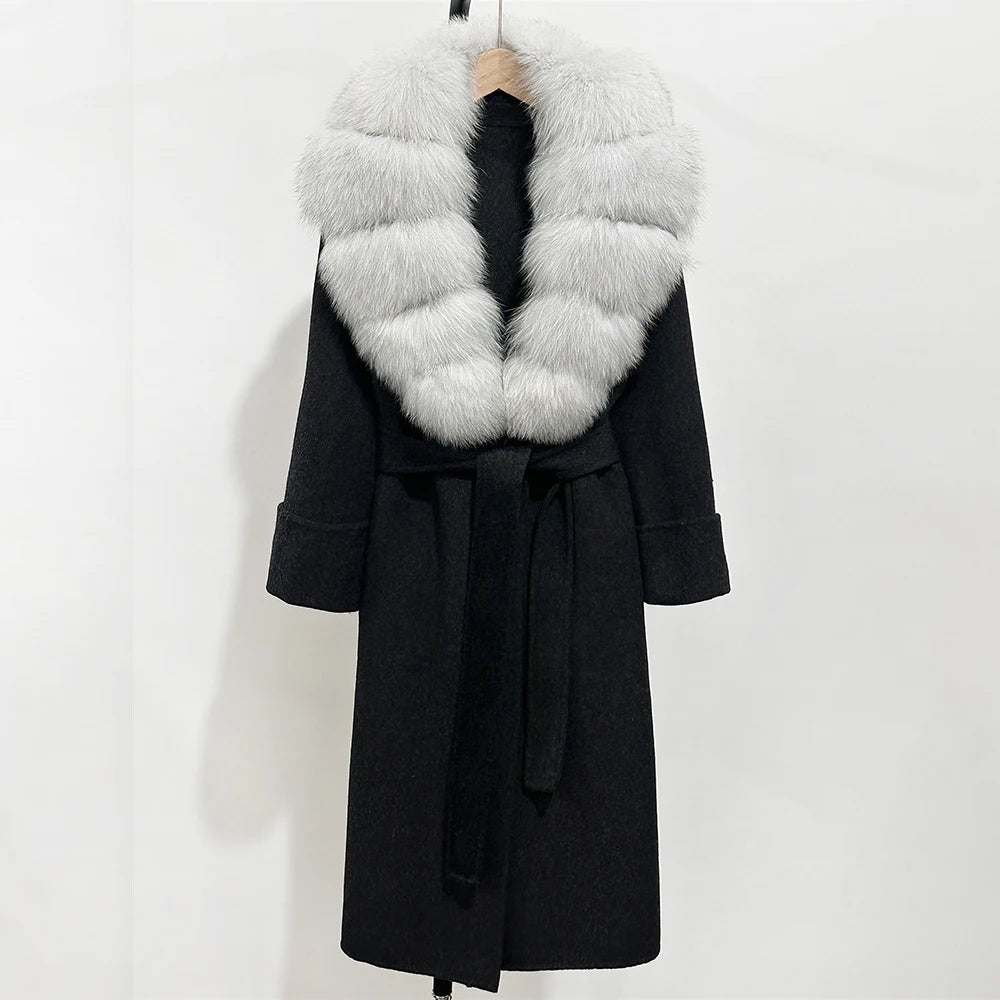 OFTBUY Long Belt 100% Wool Coat with Real Fox Fur Collar Warm Natural Fur Woolen Jacket Female New Autumn Winter Clothing Women