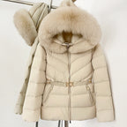 OFTBUY Belt Slim Hooded Real Fox Fur Collar Jacket Female New Winter Top Clothing Women Thickened Warm Raccoon Fur Fluffy Coat
