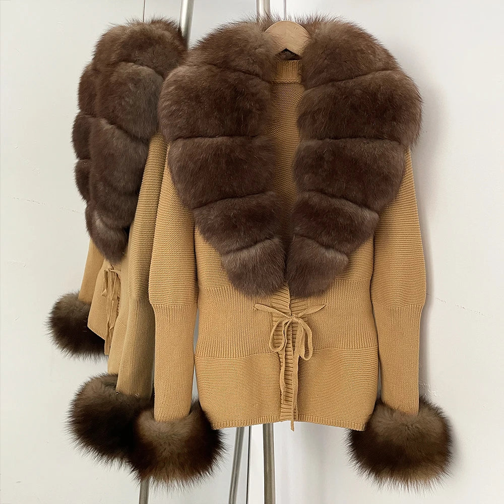 OFTBUY New Autumn Winter Knit Cardigan Women Fashion Warm Clothes with Real Fox Fur Luxury Natural Fur Sweater Jacket Female