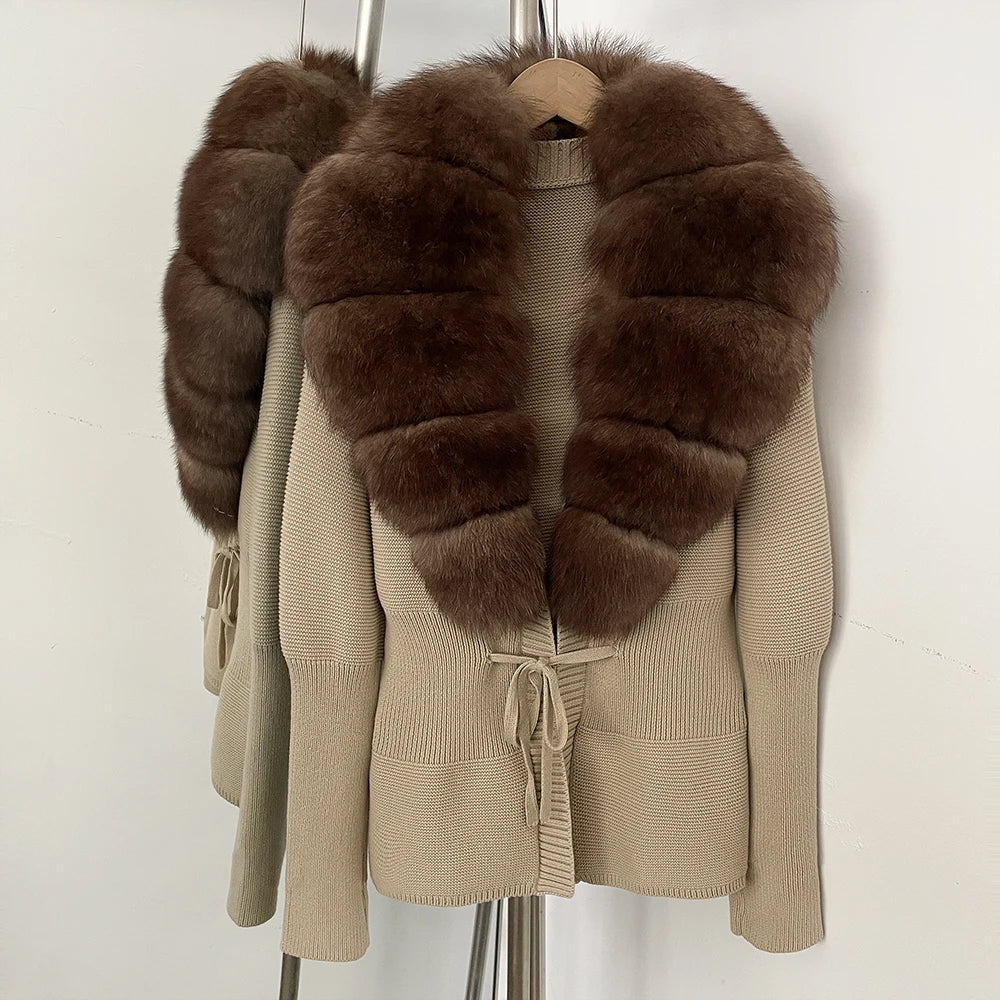 OFTBUY Luxury 100% Cotton Jacket with Real Fox Fur Collar New Autumn Winter Knit Cardigan Women Slim Warm Sweater Outerwear Lady