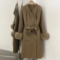 OFTBUY New Women's Wool Coat with Real Fox Fur Cuffs Double Breasted Belted Bow Pockets Warm Winter Elegant Fashion Outerwear