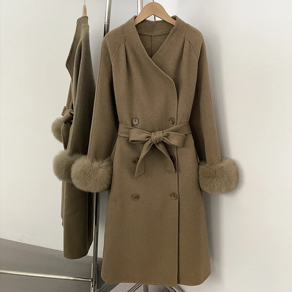 OFTBUY New Women's Wool Coat with Real Fox Fur Cuffs Double Breasted Belted Bow Pockets Warm Winter Elegant Fashion Outerwear
