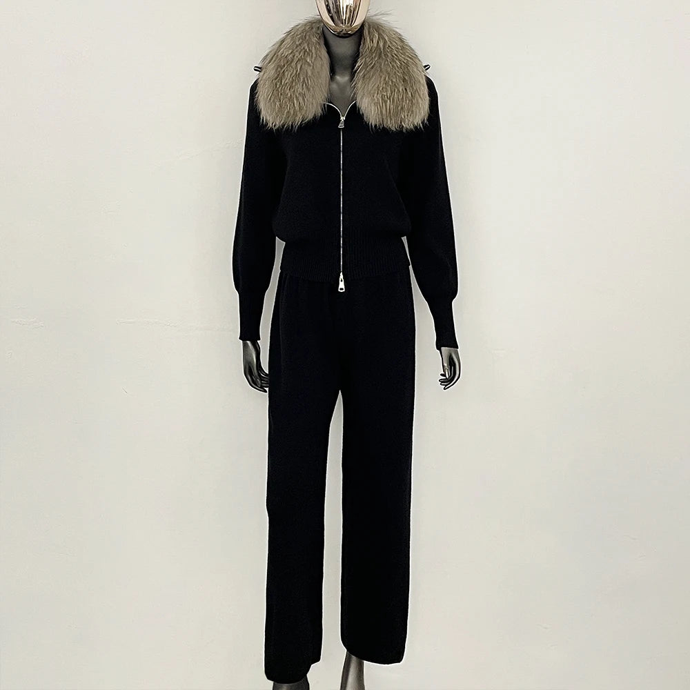 OFTBUY Winter New Women's Knitted Tracksuit Set with Fox Fur Collar Zipper Jacket Wide Leg Pants Luxury Casual Two-Piece Outfit
