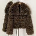 OFTBUY Luxury Oversized Collar Faux Mongolian Sheep Fur Cropped Jacket - Belted Buckle Vegan Curly Fur Coat