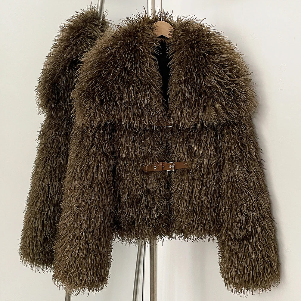 OFTBUY Luxury Oversized Collar Faux Mongolian Sheep Fur Cropped Jacket - Belted Buckle Vegan Curly Fur Coat