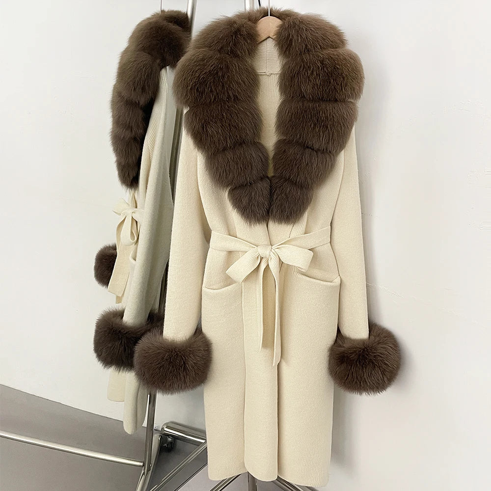 OFTBUY New Cardigan Autumn Winter Long Knit Clothing Women Loose Warm Belt Sweater Jacket with Real Fox Fur Collar and Cuffs