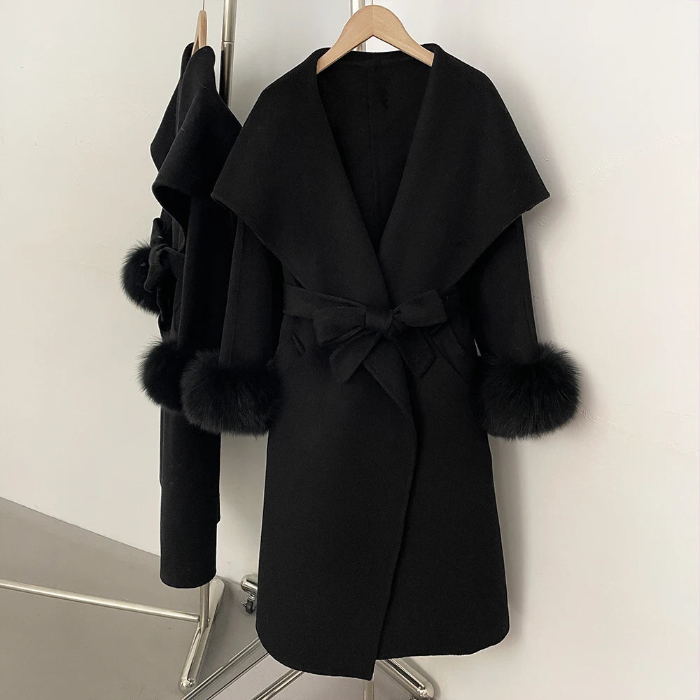 OFTBUY  Luxury Warm Woolen Jacket Women Long Big Collar 100% Wool Coat with Real Fox Fur Cuffs New Autumn Winter Clothes Femlae