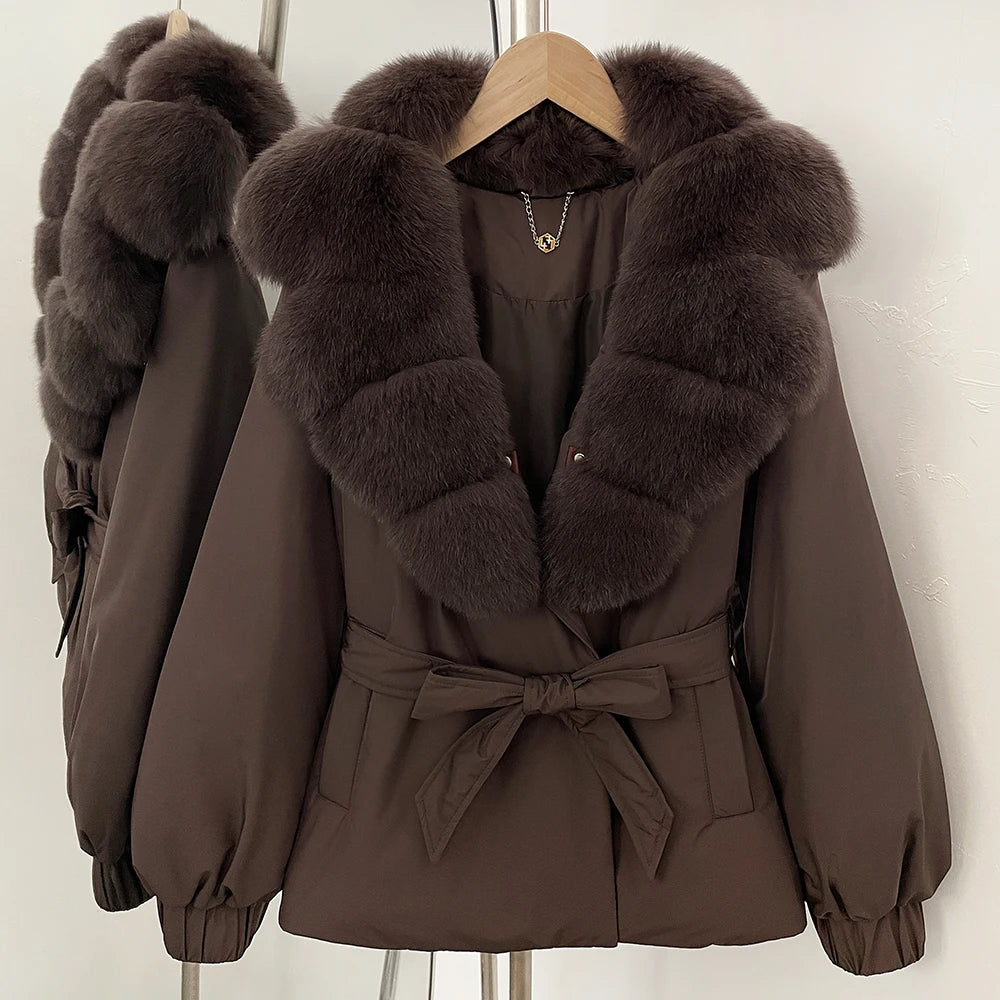 OFTBUY Winter Warm Women Real duck Down Jackets Natural Real Fox Fur Collar Puffer Jackets Belt Female Outwear Coats Hot Sale