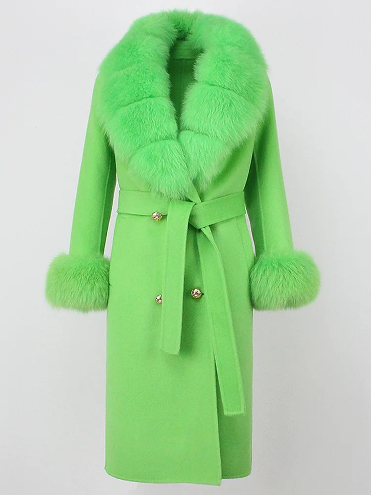 OFTBUY Winter Jacket Women Long Natural Wool Blends Cashmere Real Fur Coat Double Breasted Belt Warm Streetwear New Fashion