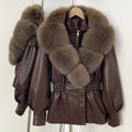 OFTBUY New Women's Faux Leather Jacket with Oversized Faux Fox Fur Elastic Waist Puff Sleeves Coat Luxury Warm Winter Outerwear