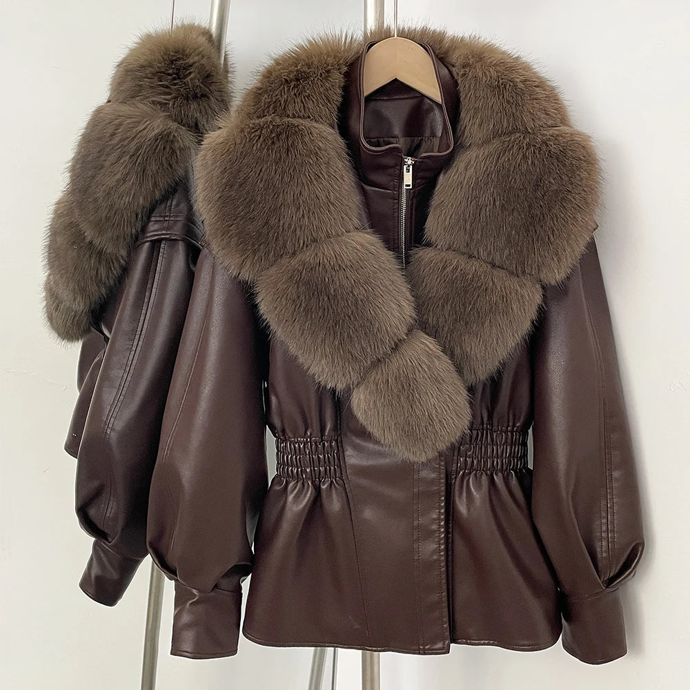 OFTBUY New Women's Faux Leather Jacket with Oversized Faux Fox Fur Elastic Waist Puff Sleeves Coat Luxury Warm Winter Outerwear