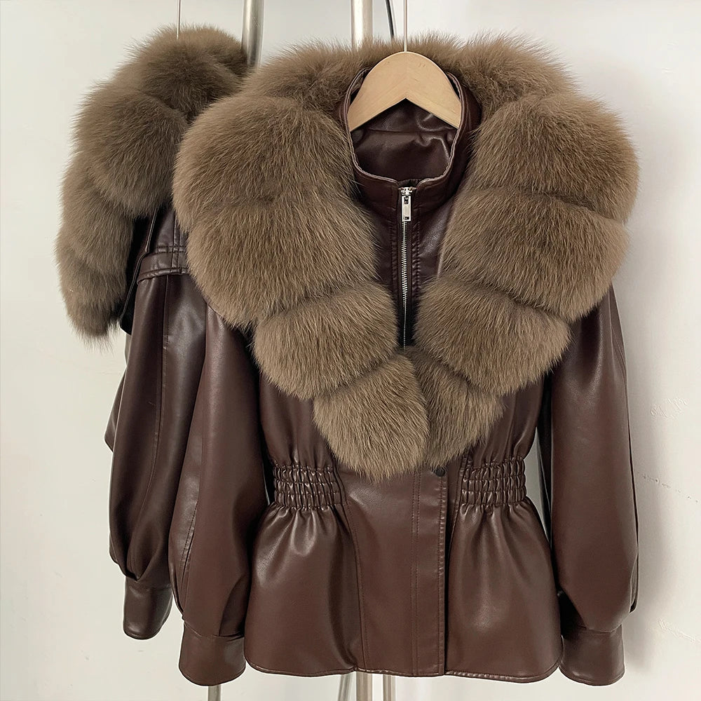 OFTBUY Women's Luxury Real Fox/Raccoon Fur Faux Leather Jacket Elastic Waist New Winter Coat Elegant PU Leather Outerwear Female