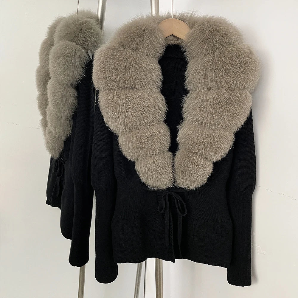 OFTBUY Luxury 100% Cotton Jacket with Real Fox Fur Collar New Autumn Winter Knit Cardigan Women Slim Warm Sweater Outerwear Lady
