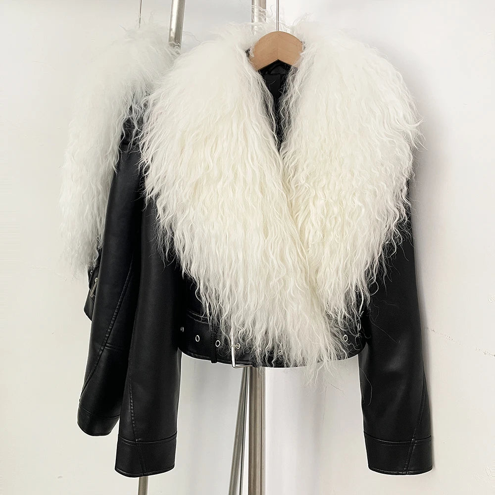 OFTBUY New Autumn Winter Clothes Women Fashion Warm Short Faux Leather Jacket Female Luxury Real Mongolia Sheep Fur Collar Coat