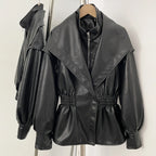 OFTBUY New Women's Faux Leather Jacket Oversized High Neck Zipper Elastic Waist Vintage Coat Female Streetwear Fashion Outerwear