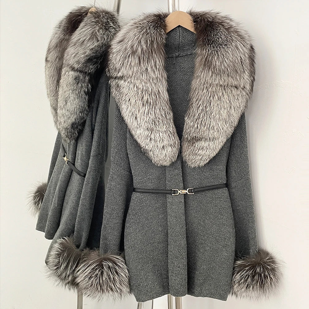 OFTBUY Belt Knit Warm Winter Luxury Casual Fashion Outerwear Sweater Female New Women's Knit Coat with Large Real Fox Fur Collar