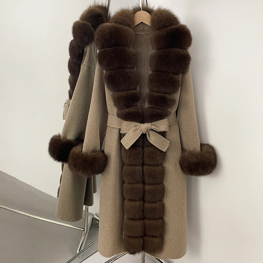 OFTBUY Long Big Fox Fur Pinnacle 100% Wool Coat Female New Autumn Winter Clothes Women Belt Natural Fur Collar Woolen Jacket