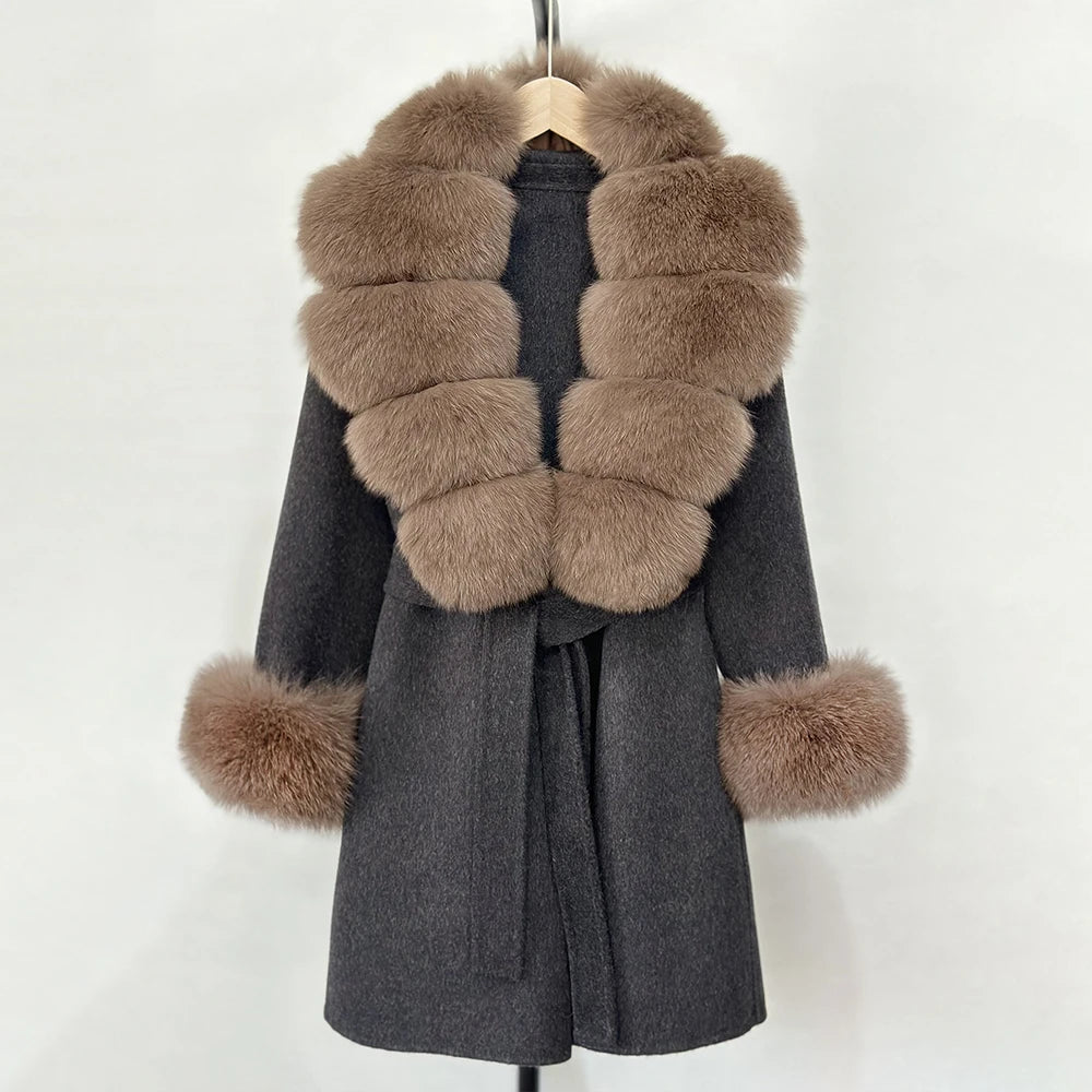 OFTBUY New Autumn Winter Top Clothes Women Belt Natural Fur Wool Coat Female Fashion Warm Woolen Jacket with Real Fox Fur Collar
