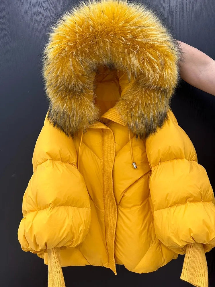 OFTBUY New Winter Large Real Fur Hooded Puffer Jacket Women Thicken Warm Knitted Sleeve Coat Lady White Duck Down Mid Long Parka