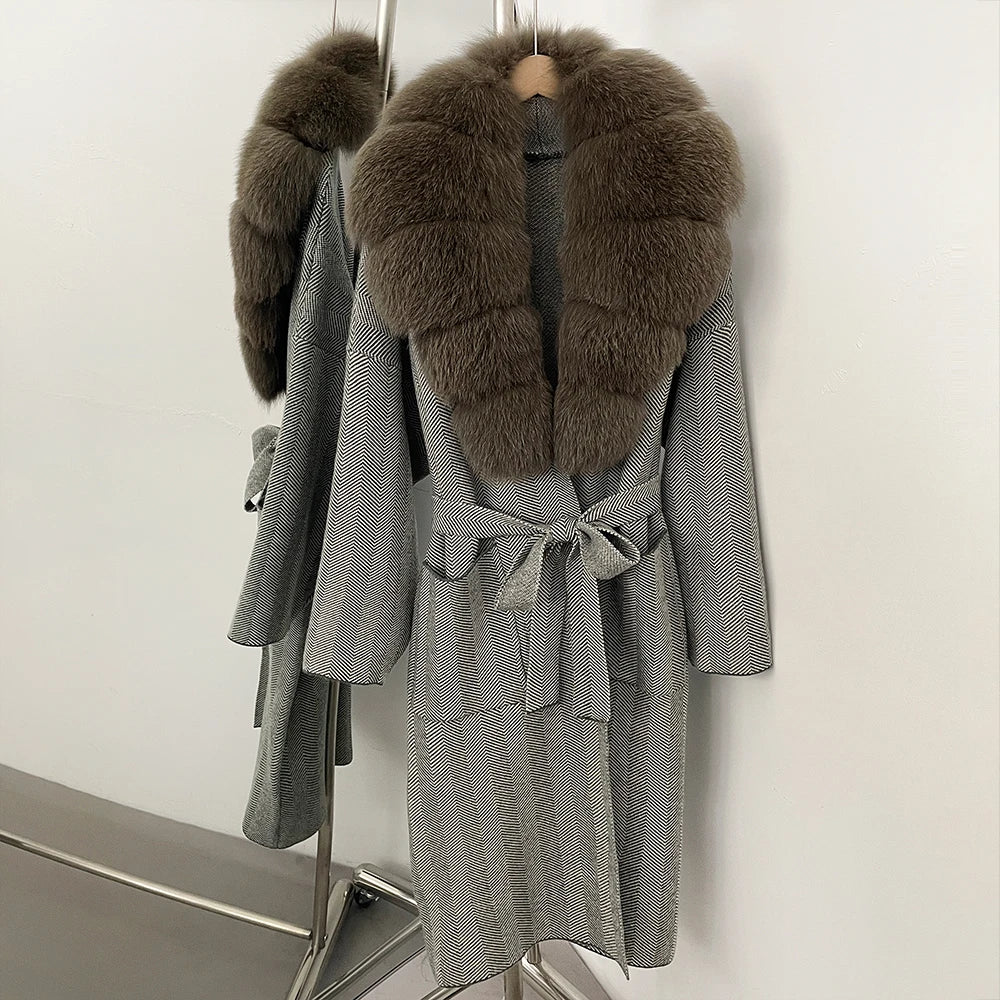 OFTBUY New Women's Knit Coat with Large Real Fox Fur Collar Belted Cardigan Female Winter Elegant Outerwear Warm Long Coat Lady