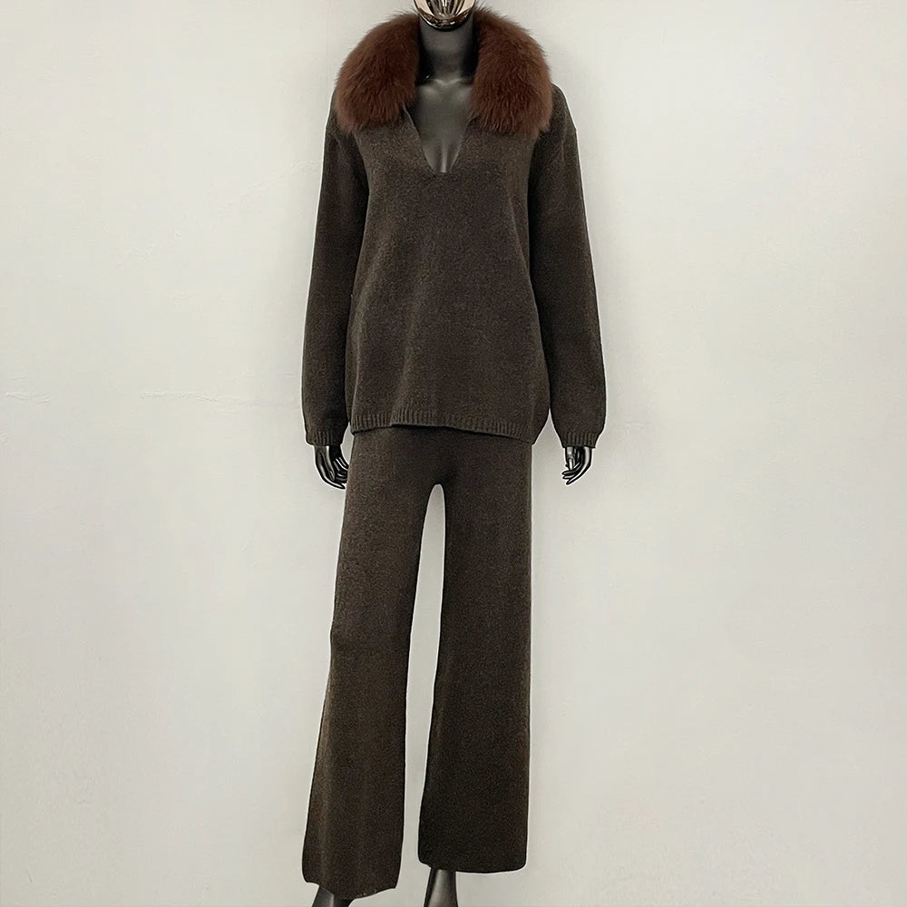 OFTBUY New Women's Knit Two Piece Set with Real Fox Fur Collar Loose Pants Warm Winter Elegant Casual Outfit Sweater Female