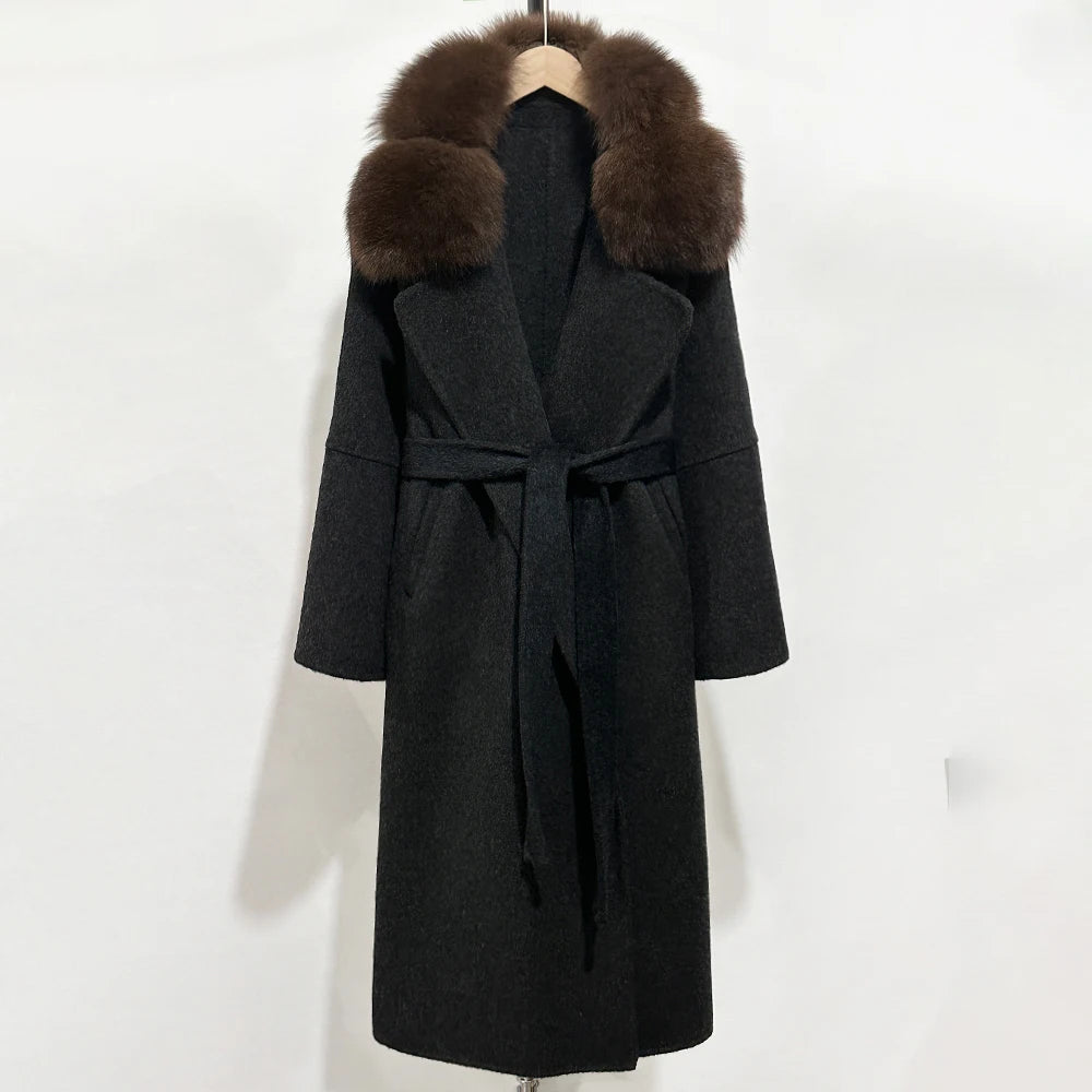 OFTBUY Belted Long Warm Winter Elegant Fashion Outerwear New Women's Double-Faced Wool Coat with Real Fox Fur Collar