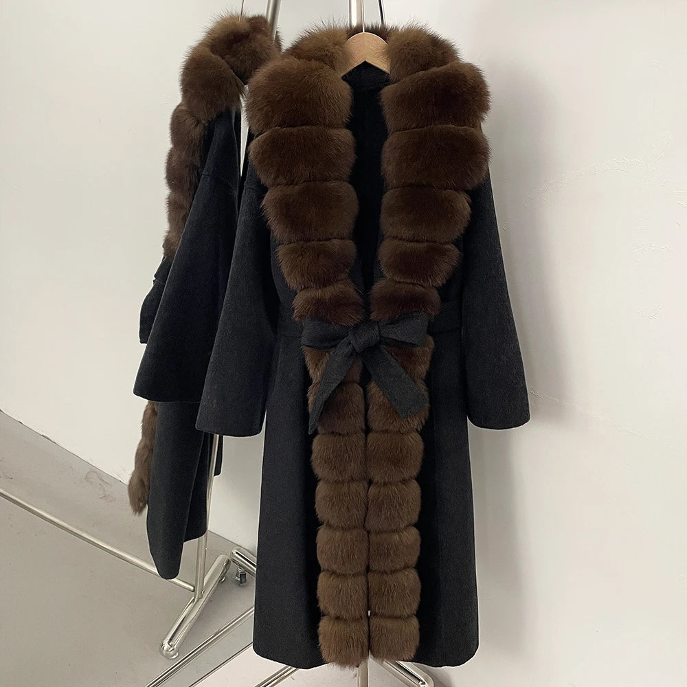 OFTBUY New Autumn Winter Clothes Women Belt Natural Fur Collar Woolen Jacket Long Big Fox Fur Pinnacle 100% Wool Coat Female
