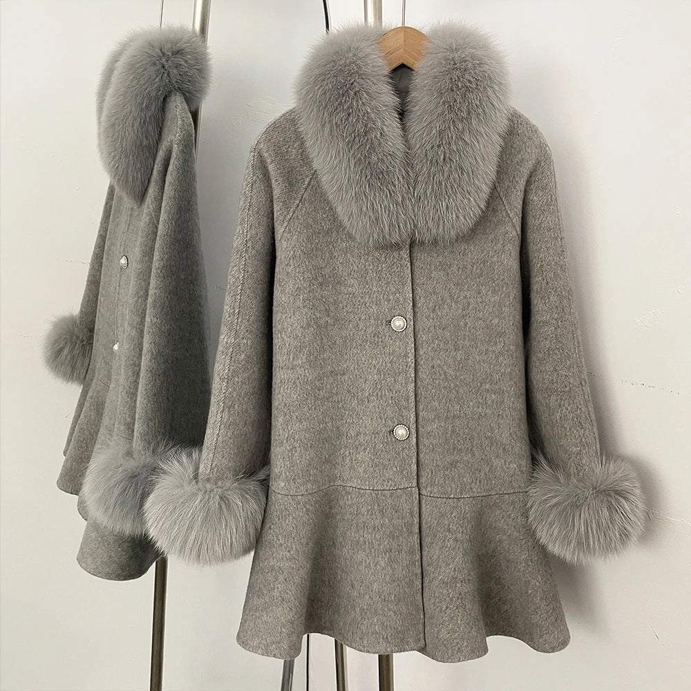 OFTBUY New Women's Wool Coat with Real Fox Fur Colla and Cuffs Luxury Pearl Button Ruffled Hem Winter Warm Outerwear Female
