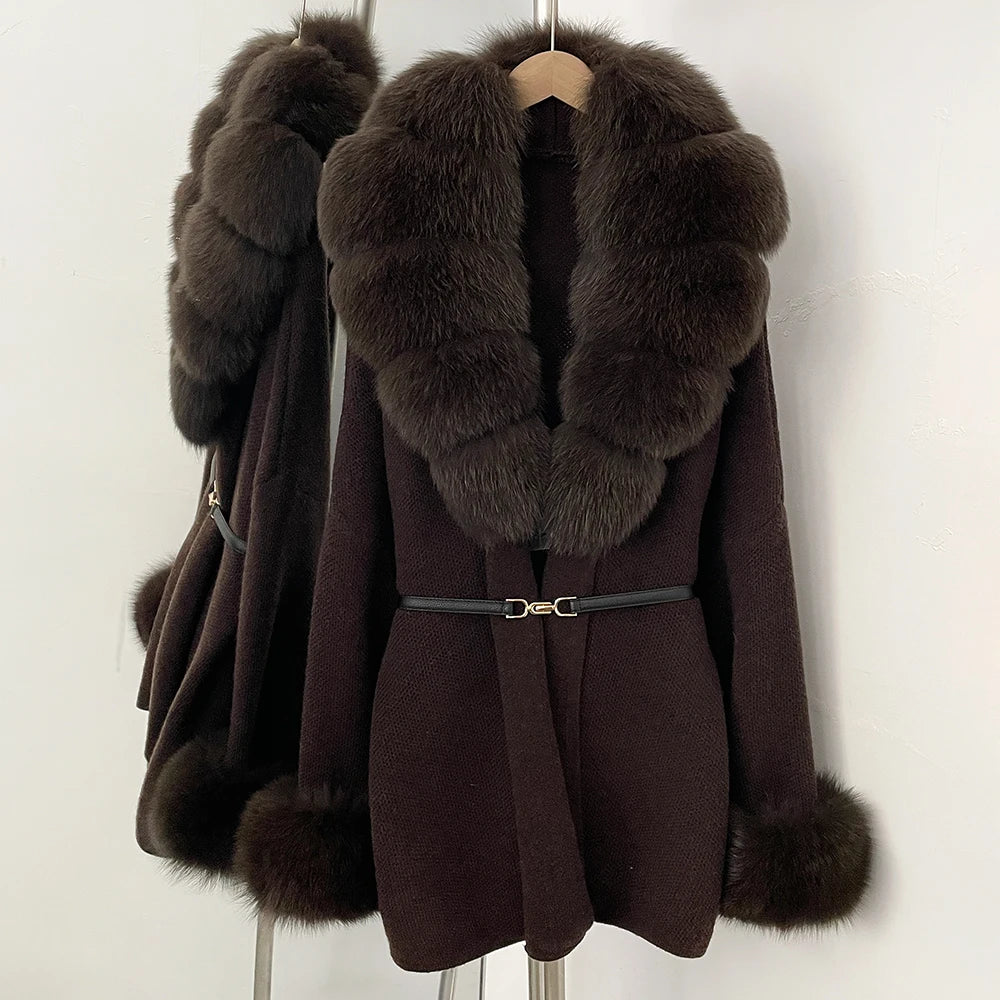 OFTBUY Belt Knit Warm Winter Luxury Casual Fashion Outerwear Sweater Female New Women's Knit Coat with Large Real Fox Fur Collar