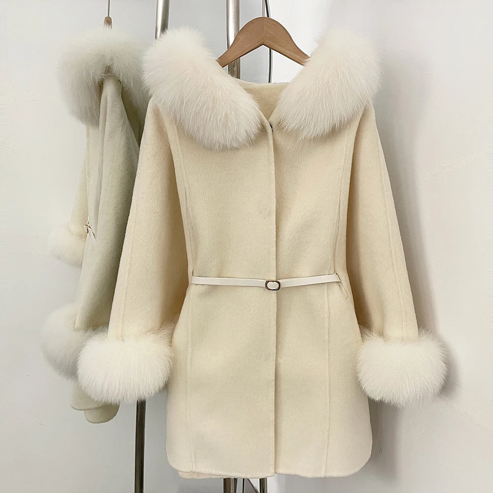 OFTBUY New Women's Wool Coat with Real Fox Fur Collar Cuffs Hooded Belted Waist Warm Winter Elegant Fashion Outerwear