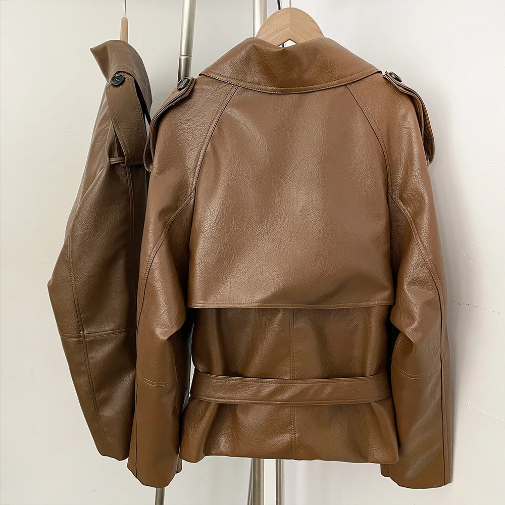 OFTBUY Women's Vintage Brown Faux Leather Trench Coat Double Breasted PU Jacket with Waist Belt Elegant Office Outerwear Female
