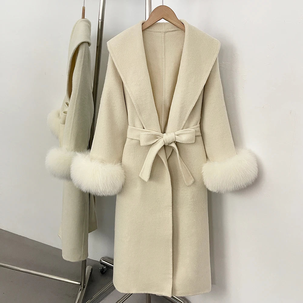 OFTBUY New Women's Double-Faced Wool Coat with Real Fox Fur Cuffs Wide Lapel Belted Bow Long Warm Winter Elegant Outerwear Lady