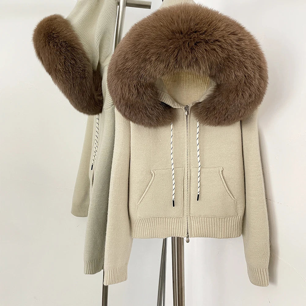OFTBUY New Women's Beige Knit Hoodie with Large Real Fox Fur Trim Zipper Pockets Warm Winter Fashion Casual Outerwear Lady