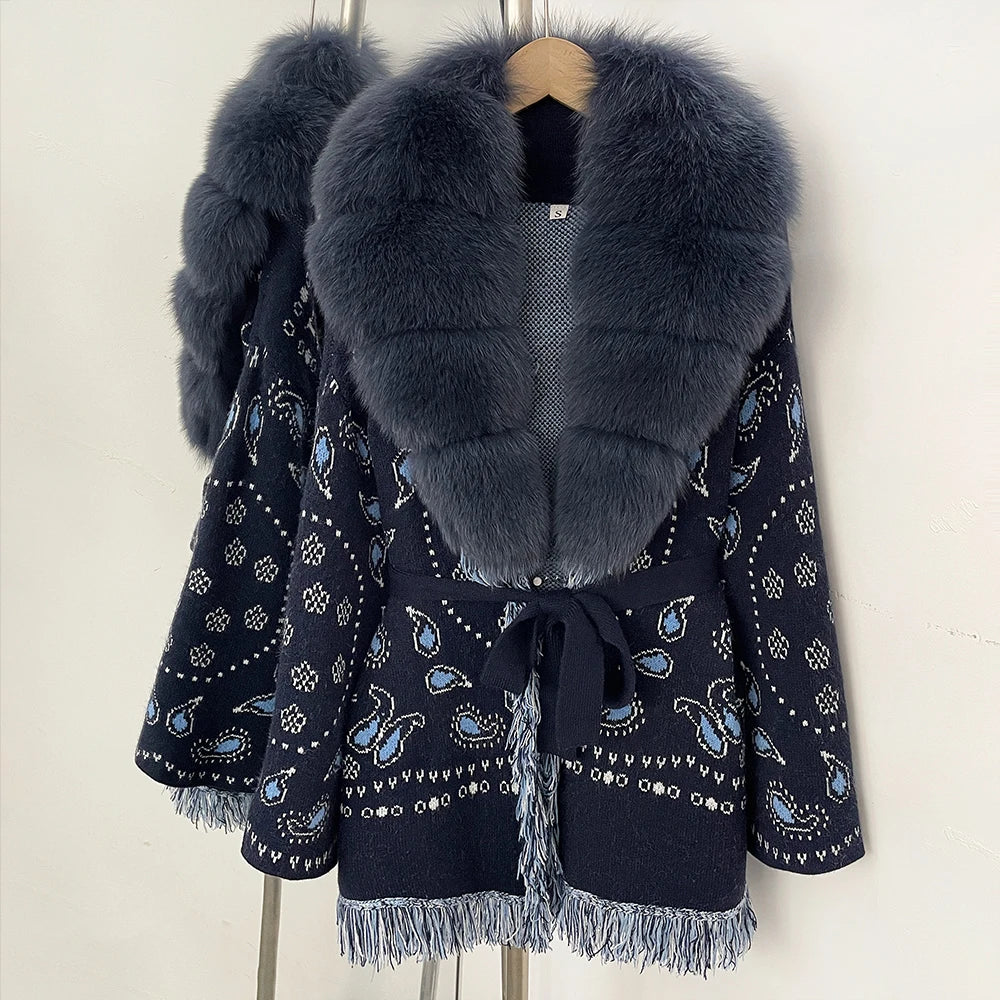 OFTBUY New Luxury Clothes Winter Outerwear Lady Women's Paisley Knit Cardigan with Real Fox Fur Trim Belted Sweater Coat Female