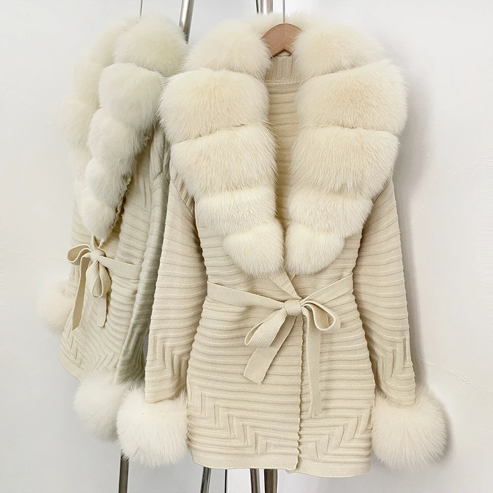 OFTBUY Belted Waist Striped Texture Pockets New Women's Knit Coat with Large Real Fox Fur Collar Winter Luxury Elegant Outerwear