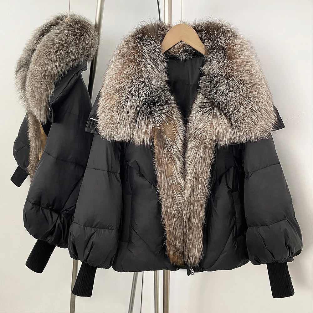 OFTBUY New Puffy Sleeve Warm Loose Puffer Jacket Winter Luxury Outerwear Women's Duck Down Jacket with Large Real Fox Fur Collar